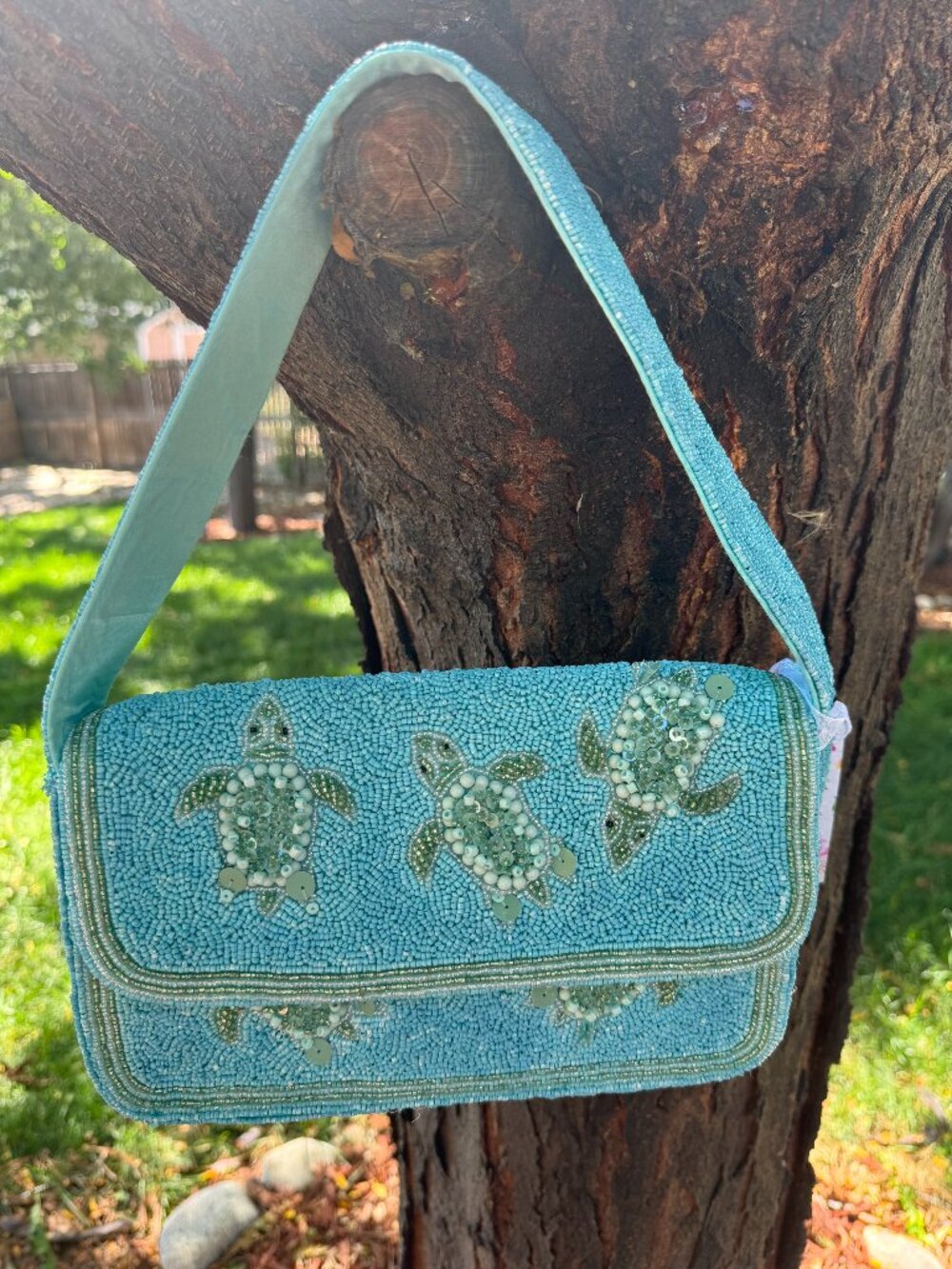 NWT Handcrafted in India Blue Beaded Sea Turtle Shoulder Bag Purse Viral